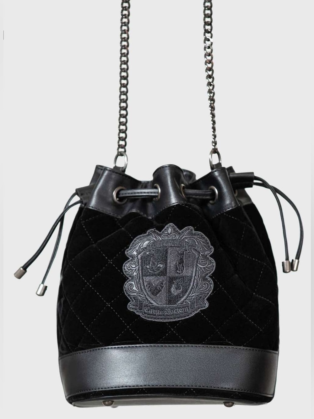 Killstar Ghost Club Handbag, Black Drawstring Bag with Silver Chain Strap